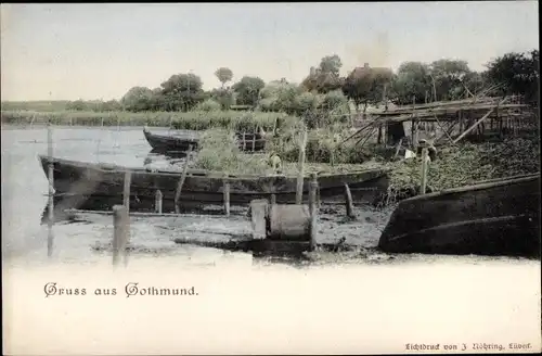 Ak Gothmund St. Gertrud Lübeck, Wasserpartie, Ruderboote am Ufer