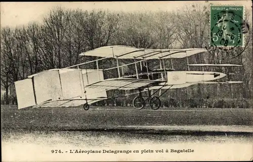 Ak Flugzeug, L'Aeroplane Delagrange en plein vol a Bagatelle