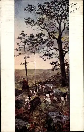 Künstler Ak Tavernier, Hallali au sanglier, Jagdszene, Jagdhunde, Wildschwein