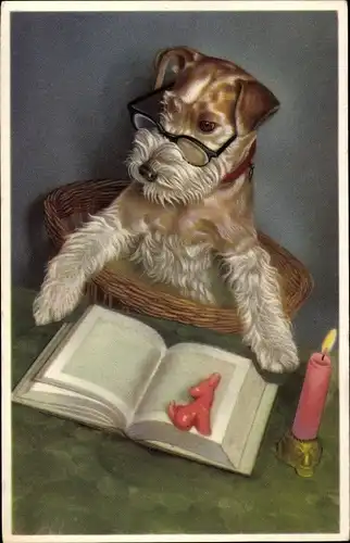 Ak Vermenschlichter Terrier mit Brille liest ein Buch