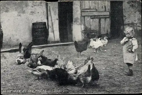 Künstler Ak Petit Jean et ses Poules, Kleinkind mit Hühnern