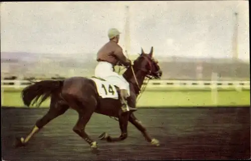 Ak Mann auf Pferd, Pferderennsport, Jockey, Nr 14, Postillon 1967, Louis Sauve sur Querido II