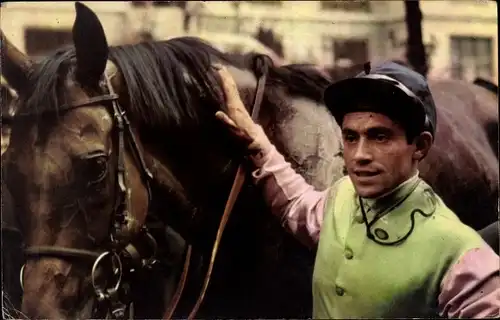 Ak Jean Claude Desaint avec Pansa, Postillon 1967, Jockey mit Pferd, Pferderennsport