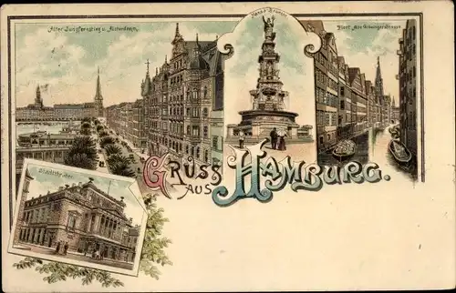 Litho Hamburg, Alter Jungfernstieg, Alsterdamm, Stadttheater, Hansabrunnen, Fleet