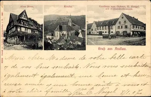Ak Andlau Elsass Bas Rhin, Altes Haus, Kirche, Gasthaus zum Ochsen, Richard Brunnen