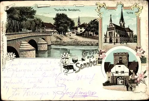 Litho Cernay Sennheim Elsass Haut Rhin, Thurbrücke, Wirtschaft Jules Egermann, Kirche