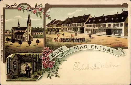 Litho Marienthal Haguenau Hagenau Elsass Bas Rhin, Kirche, Gasthof, Mönch