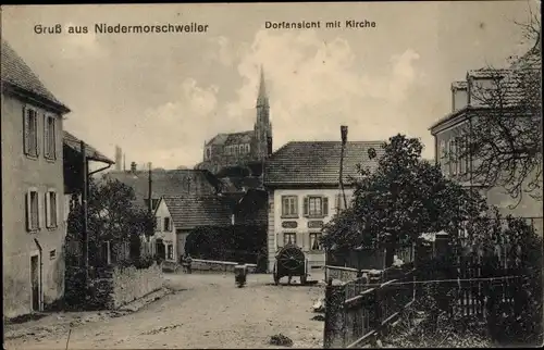 Ak Morschwiller le Bas Niedermorschweiler Elsass Haut Rhin, Dorfansicht, Kirche