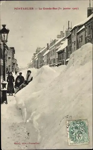Ak Pontarlier Doubs, La Grande Rue, Januar 1907, Schnee