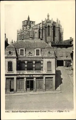 Ak Saint Symphorien sur Coise Rhône, L'Êglise, Pharmacie P. Pressat