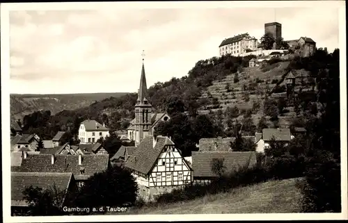 Ak Gamburg an der Tauber Werbach, Ansicht mit Kirche und Schloss Gamburg