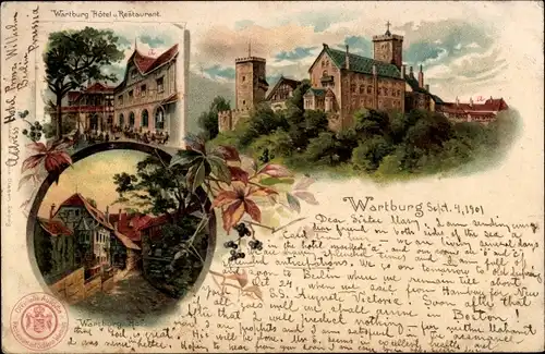 Litho Lutherstadt Eisenach in Thüringen, Blick auf die Wartburg, Hotel, Hof