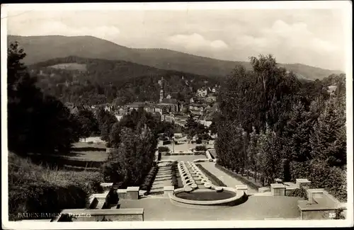 Ak Baden Baden am Schwarzwald, Paradies, Anlagen und Ort im Hintergrund