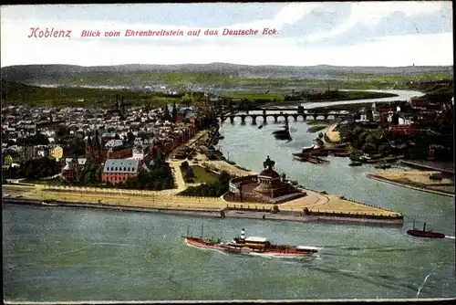 Ak Koblenz am Rhein, Blick vom Ehrenbreitstein auf das Deutsche Eck, Salondampfer