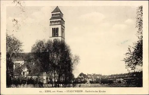 Ak Kehl am Rhein Baden Württemberg, am Stadtweier, Katholische Kirche, Häuser