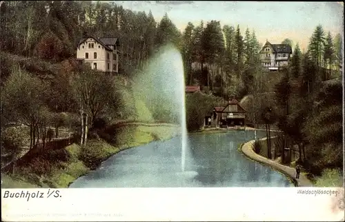 Ak Annaberg Buchholz Erzgebirge, Blick auf Waldschlößchen, See, Fontäne