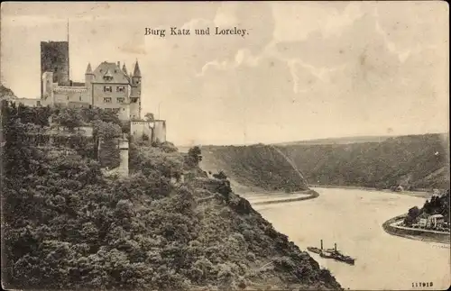 Ak Sankt Goarshausen am Rhein, Burg Katz und Loreley