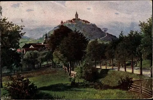 Künstler Ak Seitenroda in Thüringen, Hotel Schloss Leuchtenberg, Panoramaansicht von Ort u. Umgebung