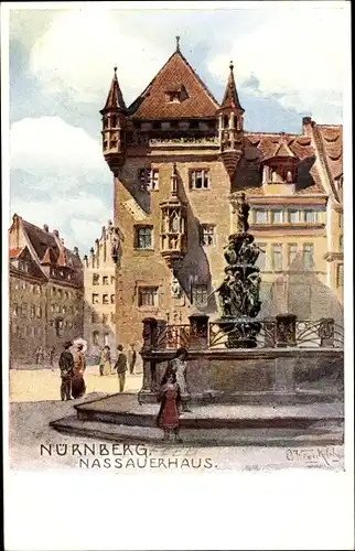 Künstler Ak Nürnberg, Blick auf das Nassauer Haus mit Springbrunnen