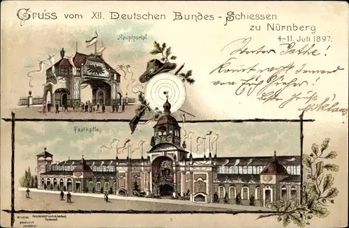 Litho Nürnberg in Mittelfranken, XII. Deutsches Bundesschiessen, Festhalle, 4.-11. Juli 1897