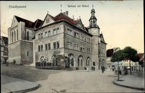 Ak Nordhausen am Harz, Rathaus mit Roland