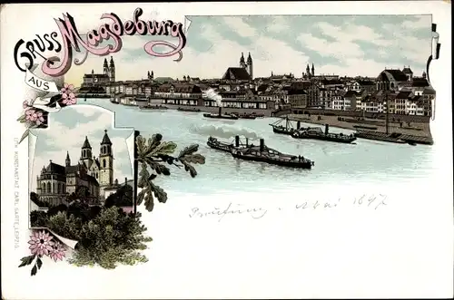 Litho Magdeburg an der Elbe, Dom, Panorama, Dampfer