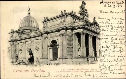 Ak Dresden Altstadt, Kgl. Akademie der bildenden Künste an der Brühlschen Terrasse, Semper-Denkmal