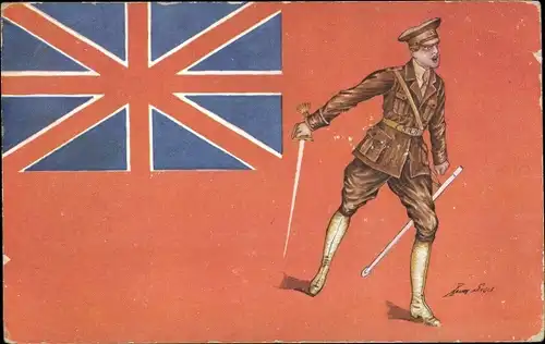 Künstler Ak Sager, X., Britischer Soldat in Uniform, Britische Fahne