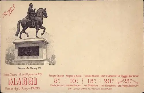 Ak Paris II. Arrondissement Bourse, Statue de Henry IV, Maggi-Werbung