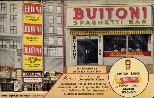 Ak New York City USA, Buitoni Spaghetti Bar, Broadway, Werbung, Buitoni Sauce