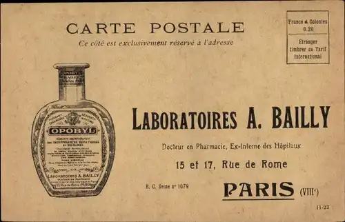 Ak Laboratoires A. Bailly, Docteur en Pharmacie, Rue de Rome, Paris, Opobyl, Werbung