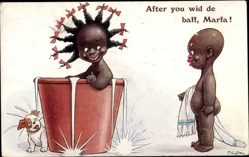 Künstler Ak Lewin, F. G., Kinder beim Waschen, Hund, After you wid de baff, Marfa