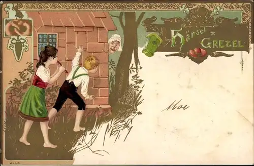 Präge Litho Hänsel und Gretel, Märchen, Gebrüder Grimm, Hexe