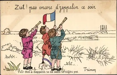 Künstler Ak Trimm, Kinder warten auf Zeppelin, Französische Fahne