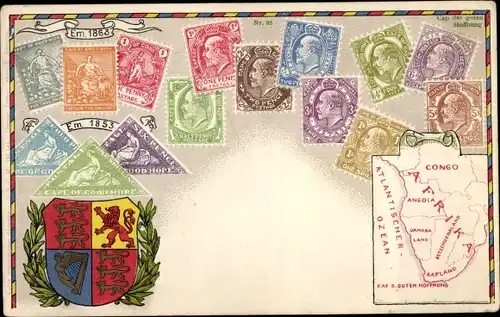Präge Briefmarken Ak Afrika, Congo, Angola, Wappen, Landkarte
