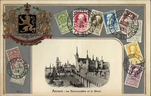 Präge Wappen Briefmarken Ak Anvers Antwerpen Flandern, Le Debarcadere et le Steen