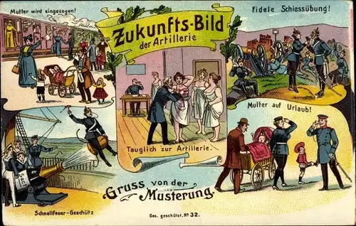 Litho Zukunftsbild aus dem Heere, Frauen als Soldaten, Emanzipation, Musterung