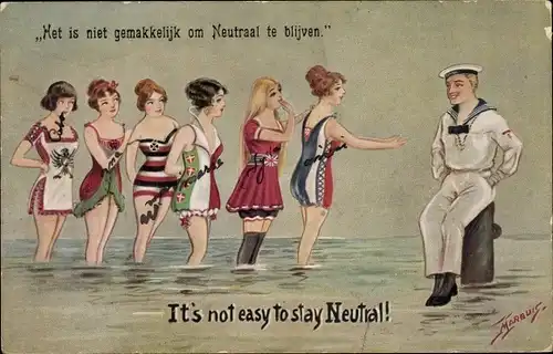 Künstler Ak Marbuis, Marinesoldat und Frauen mit Heimats-Fahnen, It's not easy to stay neutral