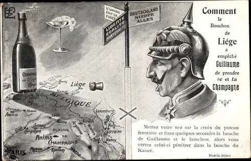 Ak Kaiser Wilhelm II., Liége, Champagne, Belgique, Karikatur