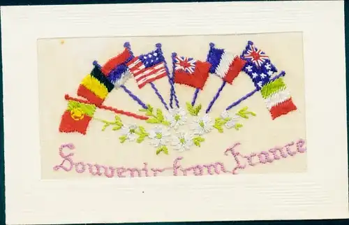 Stoff Ak Frankreich mit Verbündeten, Souvenir from France, USA, Belgien, Italien