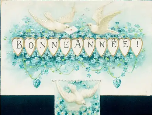 Mechanische Ak Glückwunsch Neujahr, Vergissmeinnicht, Tauben