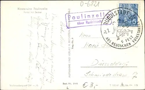 Ak Landpoststempel Paulinzella über Rudolstadt, Stempel Rudolstadt Fest des Deutschen Volkstanzes