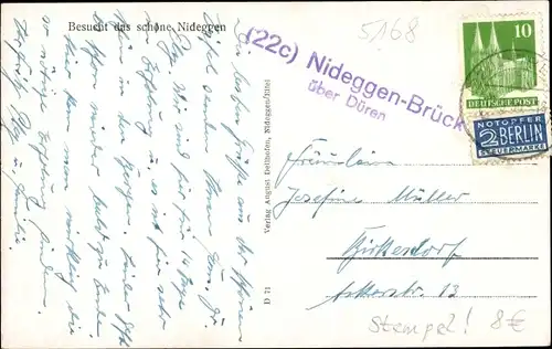 Ak Landpoststempel 22c Nideggen Brück über Düren