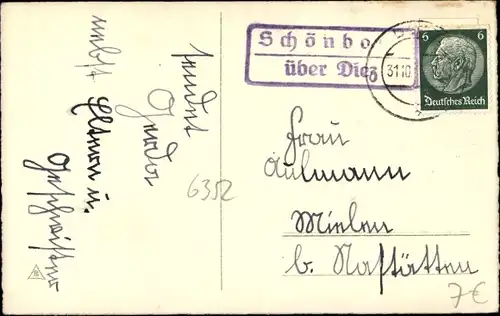 Ak Landpoststempel Schönborn über Diez