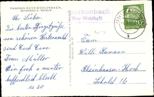 Ak Landpoststempel Spurkenbach über Waldbröl