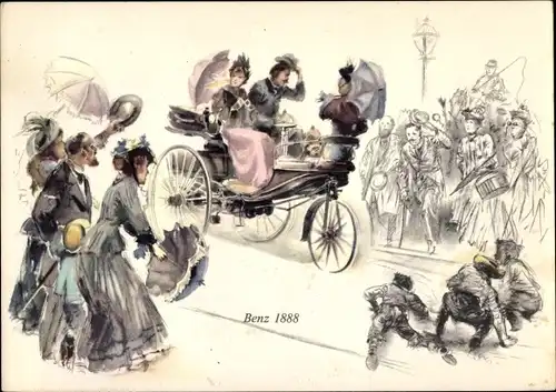 Künstler Ak Karl Benz und Frau in einem Automobil, Mercedes Benz 1888