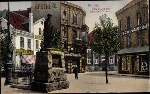 Ak Bochum im Ruhrgebiet, Alter Markt mit Kuhhirten Denkmal, Apotheke, Schäftefabrik