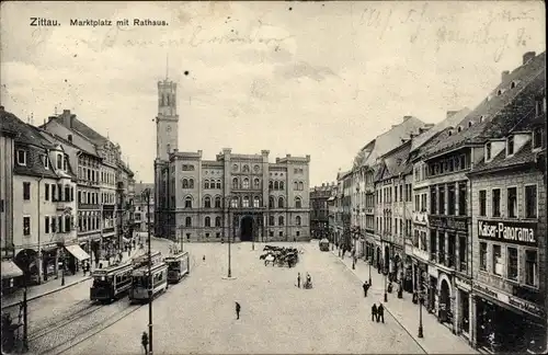 Ak Zittau in Sachsen, Marktplatz mit Rathaus, Kaiser Panorama, Straßenbahnen