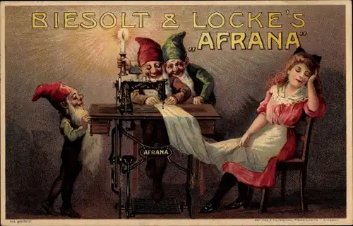 Litho Biesolt und Locke, Afrana Nähmaschine, Meissner Nähmaschinenfabrik, Zwerge, Reklame