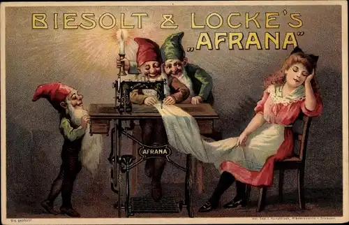 Litho Biesolt und Locke, Afrana Nähmaschine, Meissner Nähmaschinenfabrik, Zwerge, Reklame 